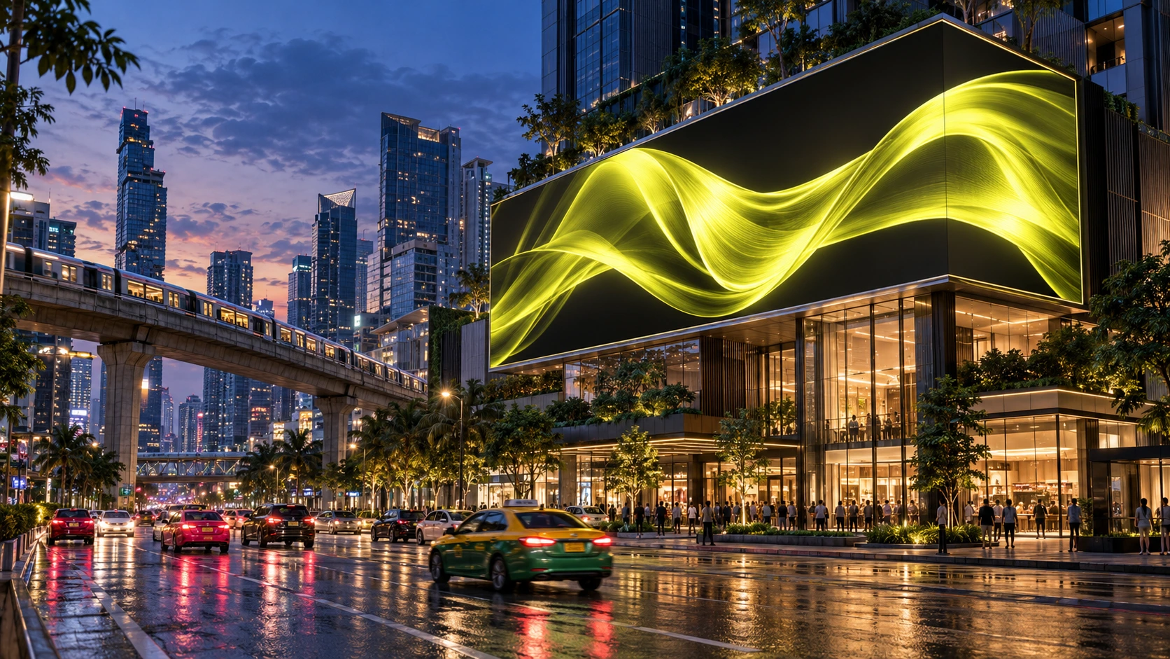 Bangkok concept visualisation of a building-mounted LED billboard beside an elevated rail line at dusk