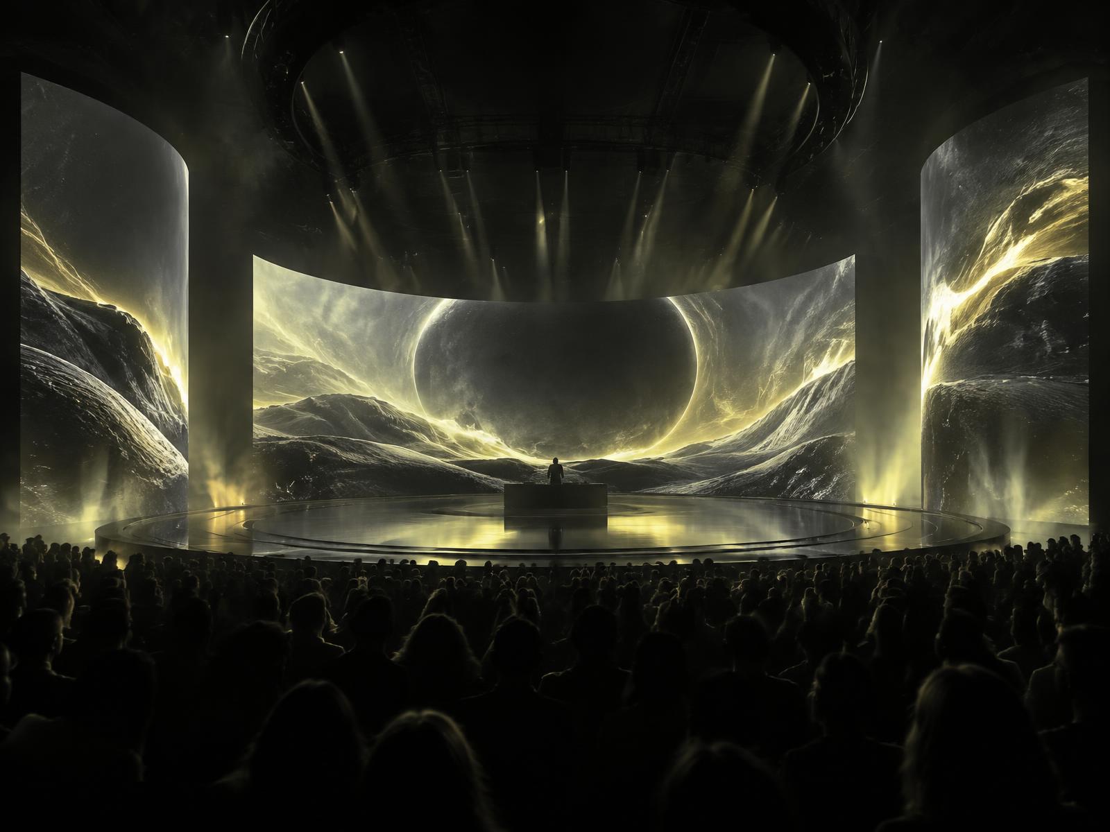 Concept visual of an event stage surrounded by large LED screens with an audience in silhouette