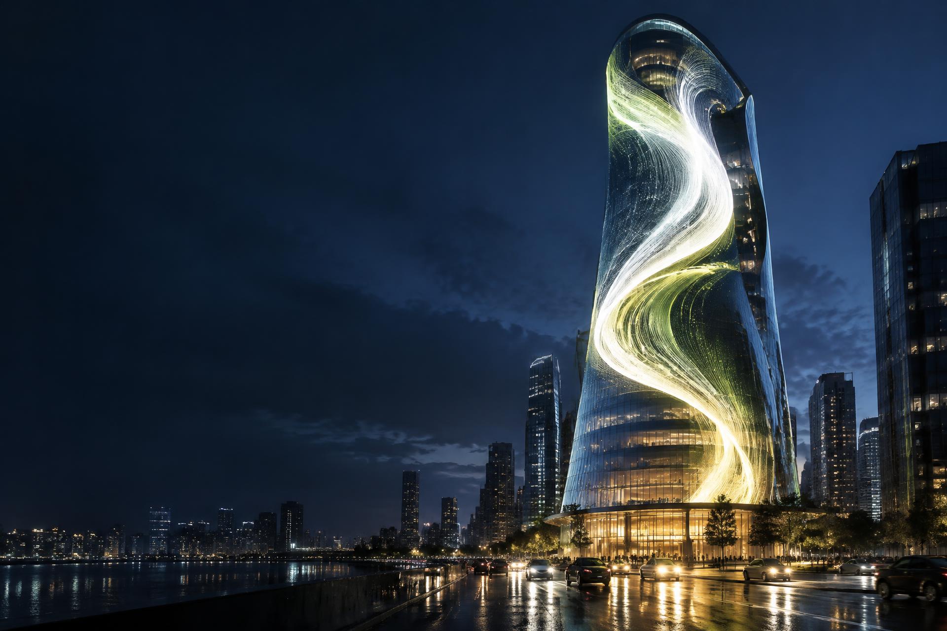 Concept visual of a curved tower at night with a monumental LED facade showing luminous ribbons of light